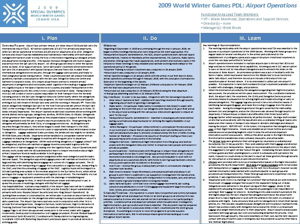 2009 World Winter Games PDL: Airport Operations Functional Area Lead Team Members: • VP