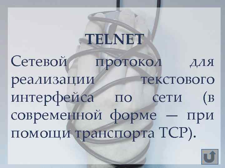 TELNET Сетевой протокол для реализации текстового интерфейса по сети (в современной форме — при