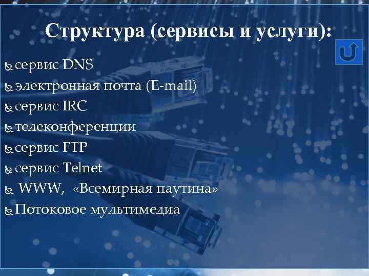 Структура (сервисы и услуги): сервис DNS электронная почта (E-mail) сервис IRC телеконференции сервис FTP