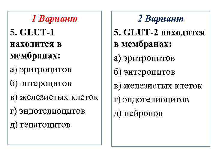 1 Вариант 5. GLUT-1 находится в мембранах: а) эритроцитов б) энтероцитов в) железистых клеток