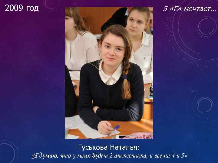 2009 год 5 «Г» мечтает… Гуськова Наталья: «Я думаю, что у меня будет 2