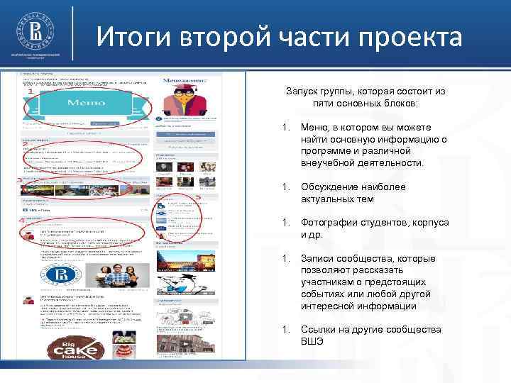 Итоги второй части проекта Запуск группы, которая состоит из пяти основных блоков: 1. Меню,