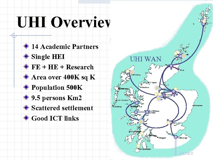 UHI Overview 14 Academic Partners Single HEI FE + HE + Research Area over