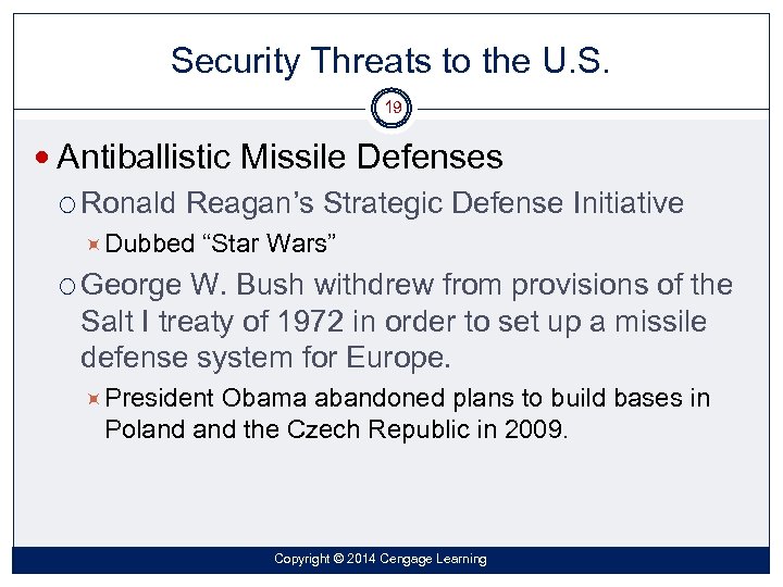 Security Threats to the U. S. 19 Antiballistic Missile Defenses Ronald Reagan’s Strategic Defense