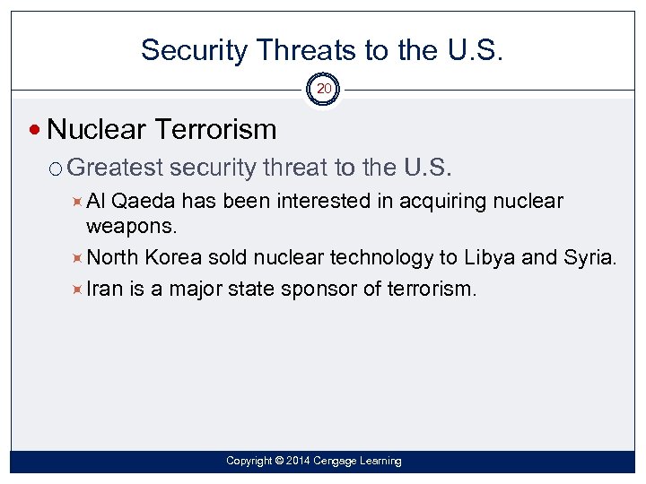 Security Threats to the U. S. 20 Nuclear Terrorism Greatest security threat to the