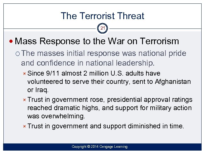 The Terrorist Threat 21 Mass Response to the War on Terrorism The masses initial