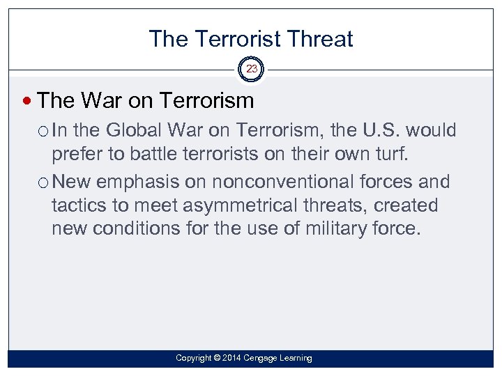 The Terrorist Threat 23 The War on Terrorism In the Global War on Terrorism,