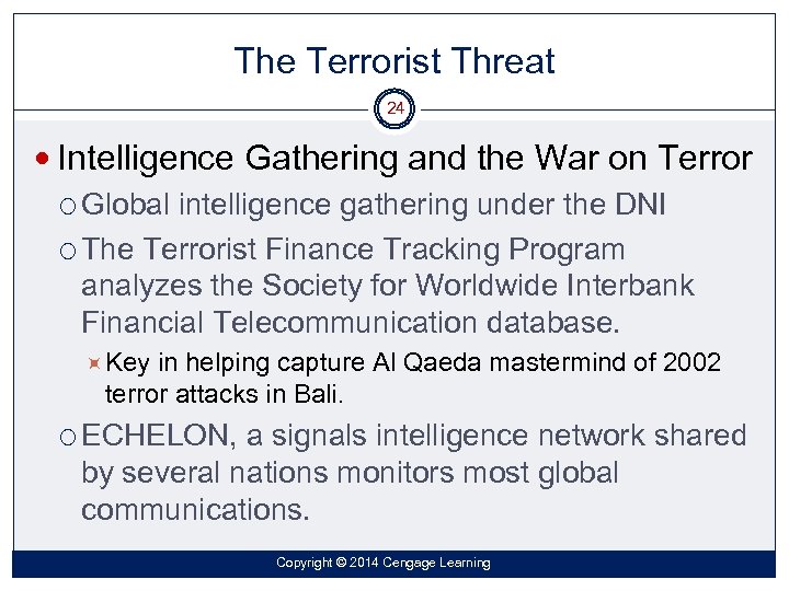 The Terrorist Threat 24 Intelligence Gathering and the War on Terror Global intelligence gathering