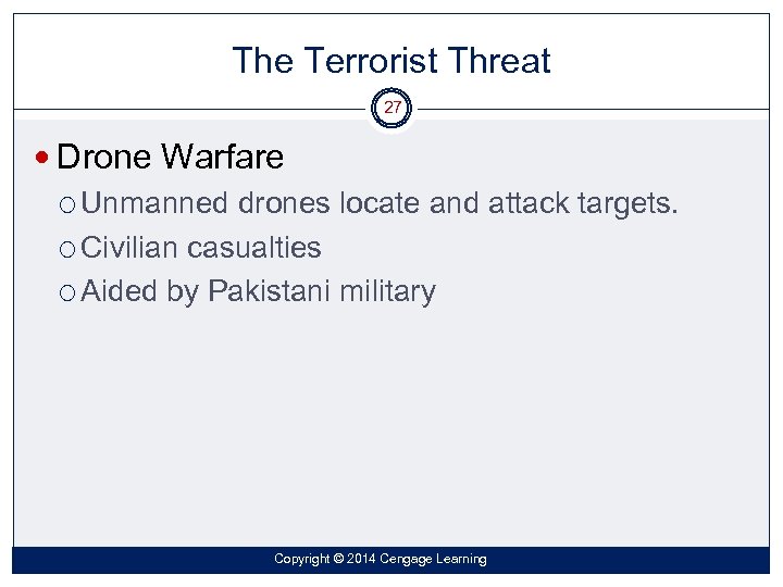 The Terrorist Threat 27 Drone Warfare Unmanned drones locate and attack targets. Civilian casualties
