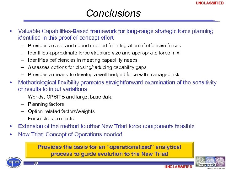UNCLASSIFIED Conclusions • Valuable Capabilities-Based framework for long-range strategic force planning identified in this