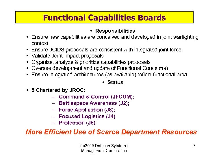 Functional Capabilities Boards • • Responsibilities Ensure new capabilities are conceived and developed in