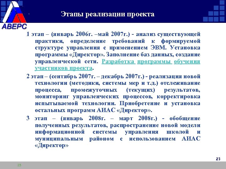 Этапы реализации проекта 1 этап – (январь 2006 г. –май 2007 г. ) -