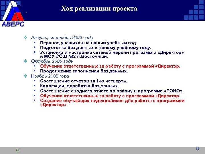 Ход реализации проекта v Август, сентябрь 2006 года § Перевод учащихся на новый учебный