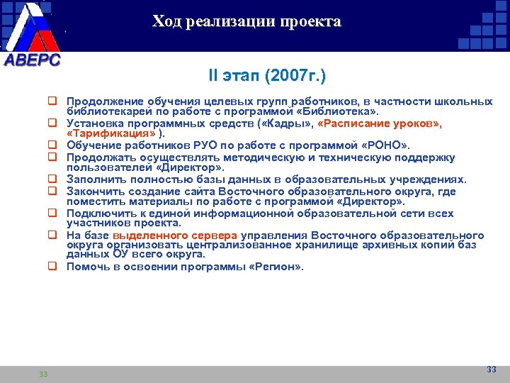 Ход реализации проекта II этап (2007 г. ) q Продолжение обучения целевых групп работников,