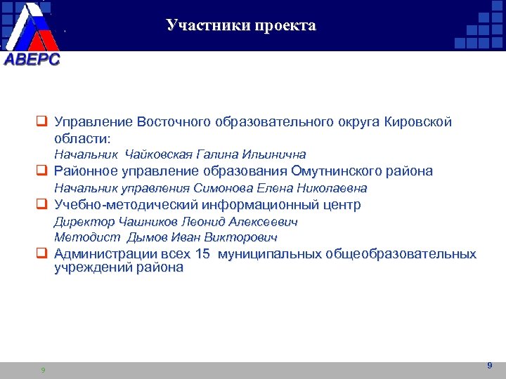 Участники проекта q Управление Восточного образовательного округа Кировской области: Начальник Чайковская Галина Ильинична q