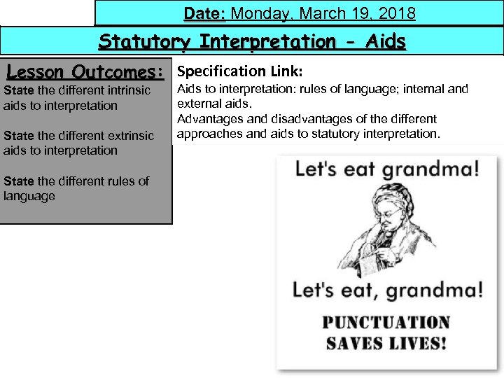 Date: Monday, March 19, 2018 Date: Statutory Interpretation - Aids Lesson Outcomes: Specification Link: