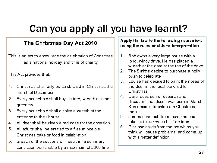 Can you apply all you have learnt? The Christmas Day Act 2010 This is