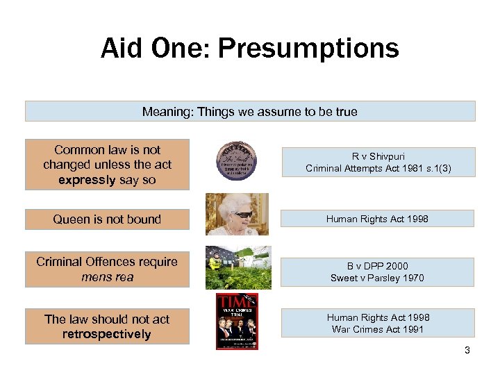 Aid One: Presumptions Meaning: Things we assume to be true Common law is not