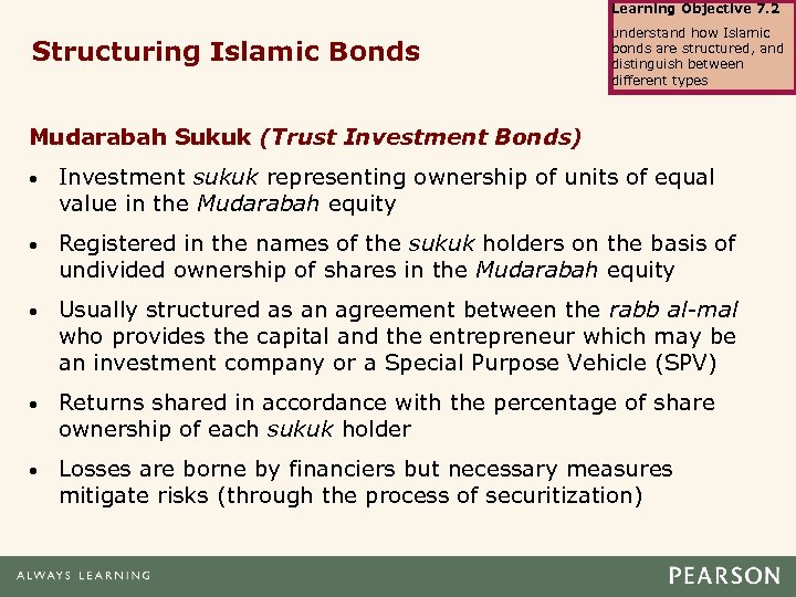 Learning Objective 7. 2 Structuring Islamic Bonds Understand how Islamic bonds are structured, and