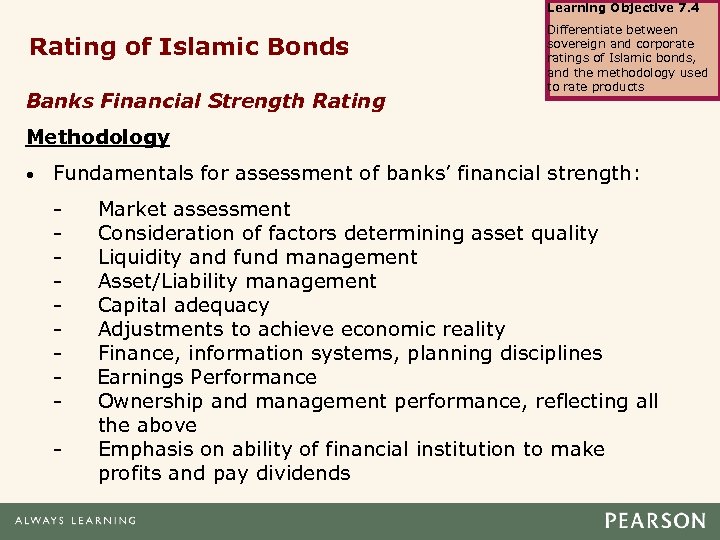 Learning Objective 7. 4 Rating of Islamic Bonds Banks Financial Strength Rating Differentiate between