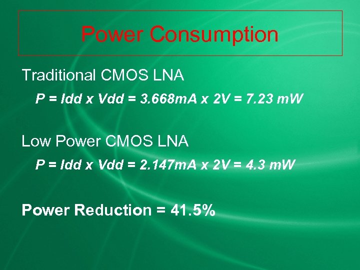 Power Consumption Traditional CMOS LNA P = Idd x Vdd = 3. 668 m.