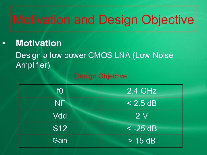 Motivation and Design Objective • Motivation Design a low power CMOS LNA (Low-Noise Amplifier)