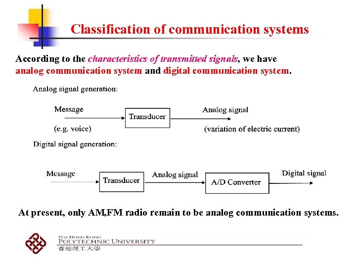 Classification of communication systems According to the characteristics of transmitted signals, we have analog