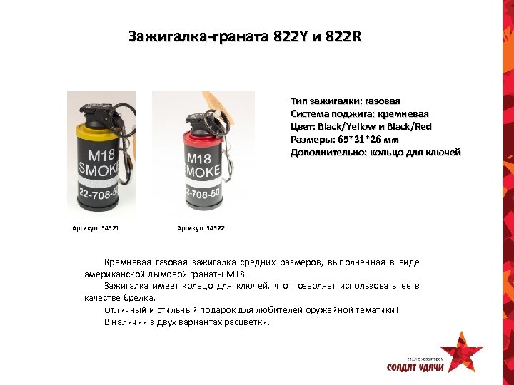 Зажигалка-граната 822 Y и 822 R Тип зажигалки: газовая Система поджига: кремневая Цвет: Black/Yellow