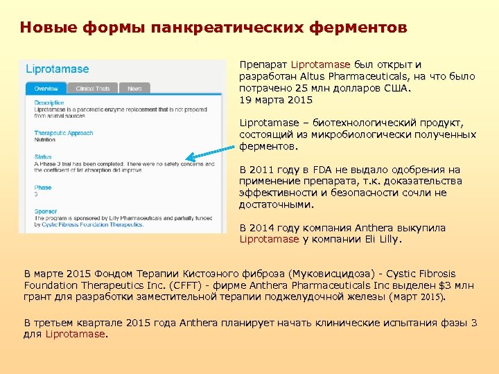 Новые формы панкреатических ферментов Препарат Liprotamase был открыт и разработан Altus Pharmaceuticals, на что