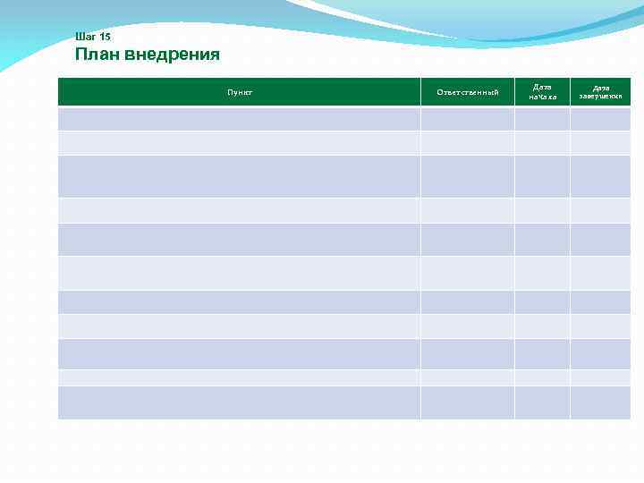 Шаг 15 План внедрения Пункт Ответственный Дата начала Дата завершения 