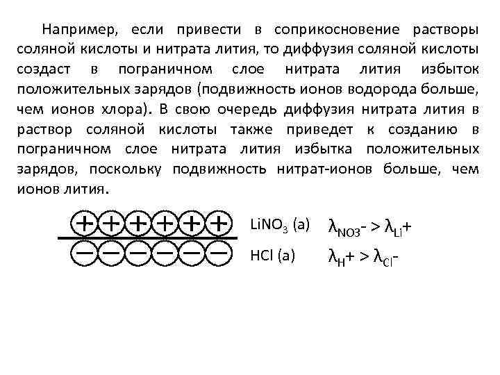 Например, если привести в соприкосновение растворы соляной кислоты и нитрата лития, то диффузия соляной