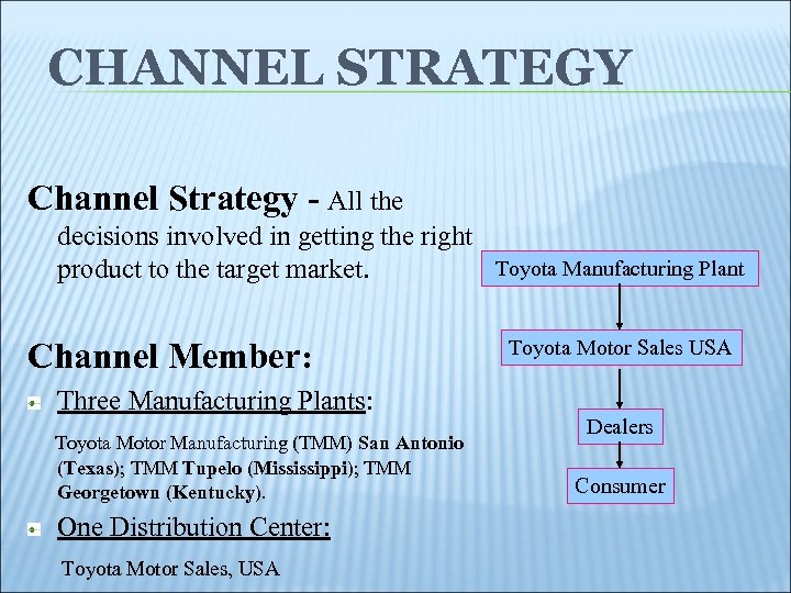 CHANNEL STRATEGY Channel Strategy - All the decisions involved in getting the right product