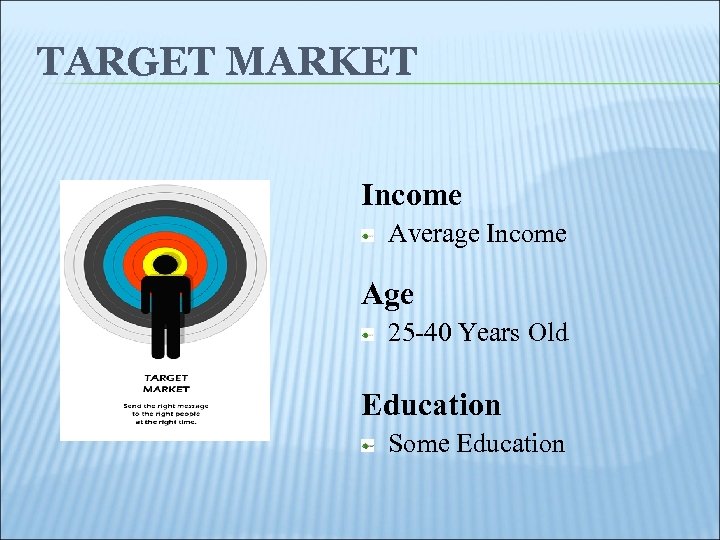 TARGET MARKET Income Average Income Age 25 -40 Years Old Education Some Education 