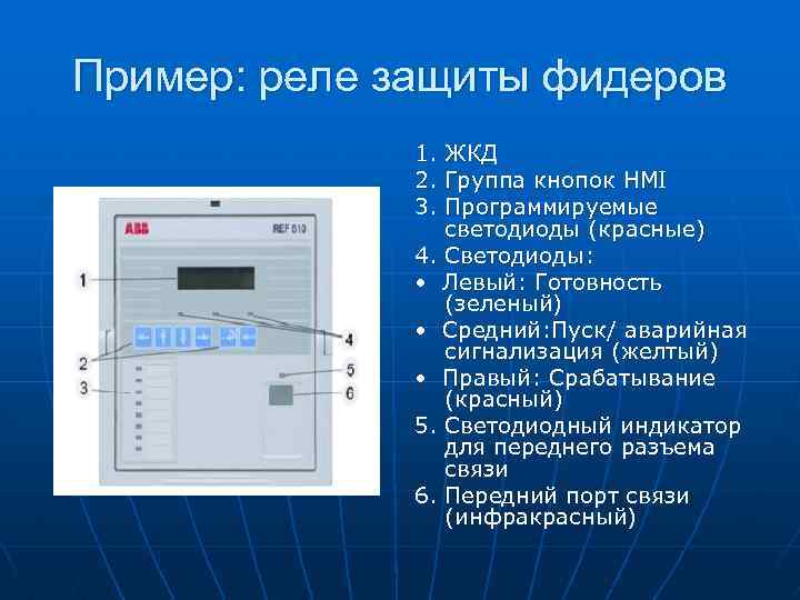 Пример: реле защиты фидеров 1. ЖКД 2. Группа кнопок HMI 3. Программируемые светодиоды (красные)