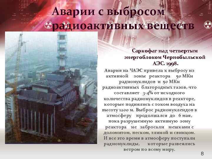 Аварии с выбросом радиоактивных веществ Саркофаг над четвертым энергоблоком Чернобыльской АЭС. 1998. Авария на