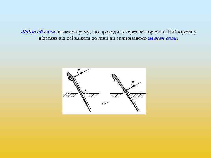 Лінією дії сили назвемо пряму, що проходить через вектор сили. Найкоротшу відстань від осі
