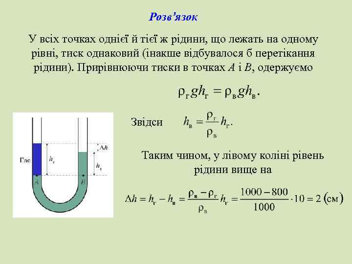 Розв’язок У всіх точках однієї й тієї ж рідини, що лежать на одному рівні,