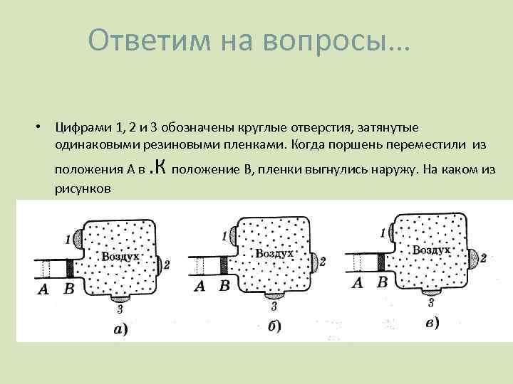 Ответим на вопросы… • Цифрами 1, 2 и 3 обозначены круглые отверстия, затянутые одинаковыми