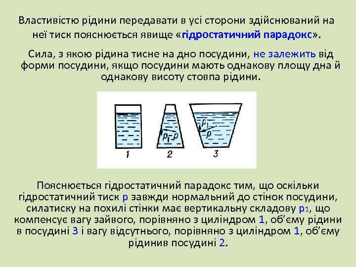 Властивістю рідини передавати в усі сторони здійснюваний на неї тиск пояснюється явище «гідростатичний парадокс»