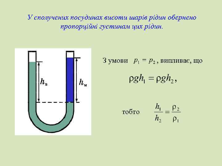 У сполучених посудинах висоти шарів рідин обернено пропорційні густинам цих рідин. З умови тобто