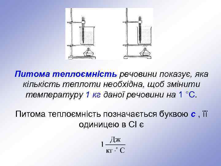 Питома теплоємність речовини показує, яка кількість теплоти необхідна, щоб змінити температуру 1 кг даної