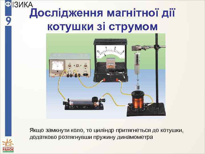 Дослідження магнітної дії котушки зі струмом Якщо замкнути коло, то циліндр притягнеться до котушки,