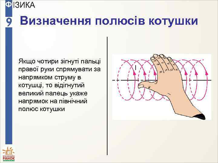 Визначення полюсів котушки Якщо чотири зігнуті пальці правої руки спрямувати за напрямком струму в