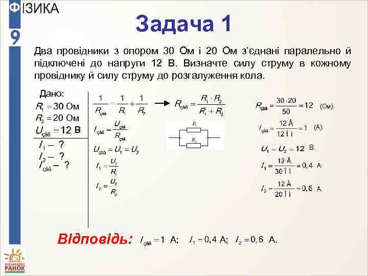 Задача 1 Два провідники з опором 30 Ом і 20 Ом з’єднані паралельно й