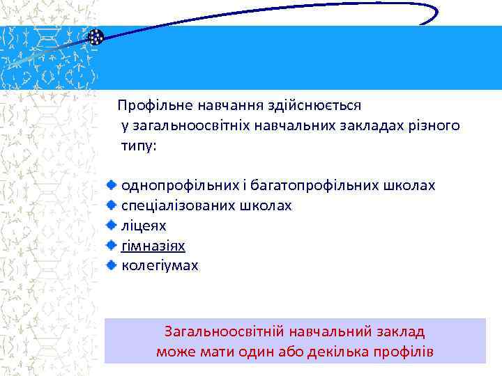 Профільне навчання здійснюється у загальноосвітніх навчальних закладах різного типу: однопрофільних і багатопрофільних школах спеціалізованих