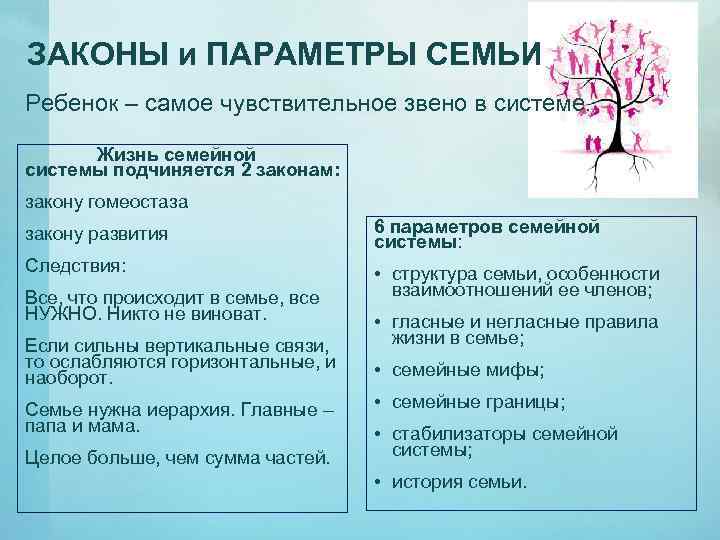 ЗАКОНЫ и ПАРАМЕТРЫ СЕМЬИ Ребенок – самое чувствительное звено в системе. Жизнь семейной системы