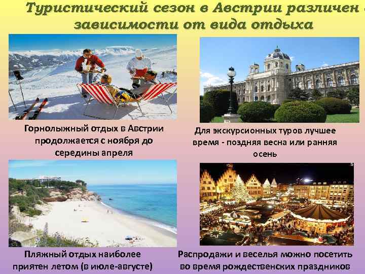 Туристический сезон в Австрии различен в зависимости от вида отдыха Горнолыжный отдых в Австрии