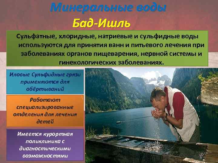 Минеральные воды Бад-Ишль Сульфатные, хлоридные, натриевые и сульфидные воды используются для принятия ванн и