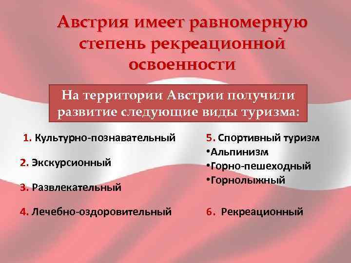 Австрия имеет равномерную степень рекреационной освоенности На территории Австрии получили развитие следующие виды туризма: