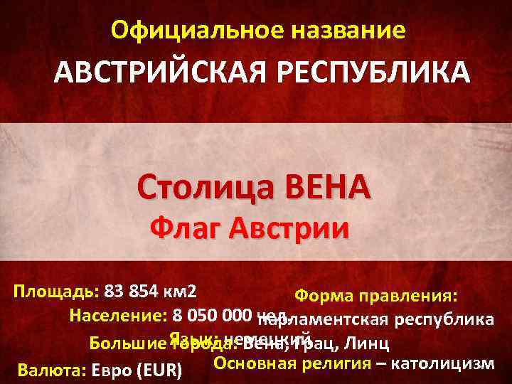 Официальное название АВСТРИЙСКАЯ РЕСПУБЛИКА Столица ВЕНА Флаг Австрии Площадь: 83 854 км 2 Форма